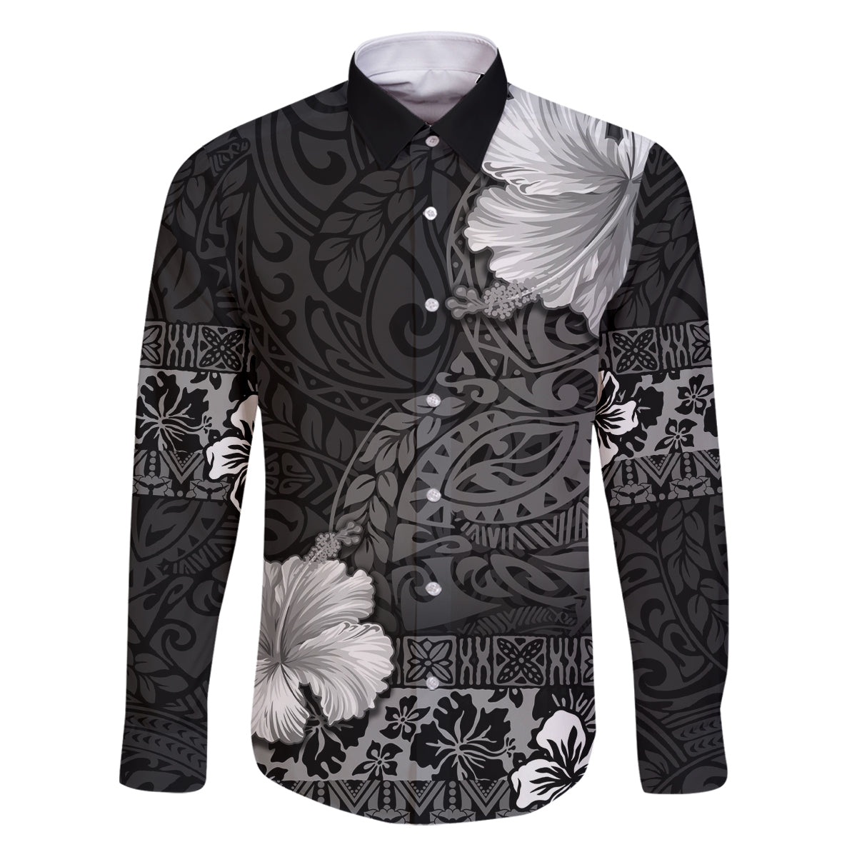 Hawaii Hibiscus With Black Polynesian Pattern Family Matching Puletasi and Hawaiian Shirt
