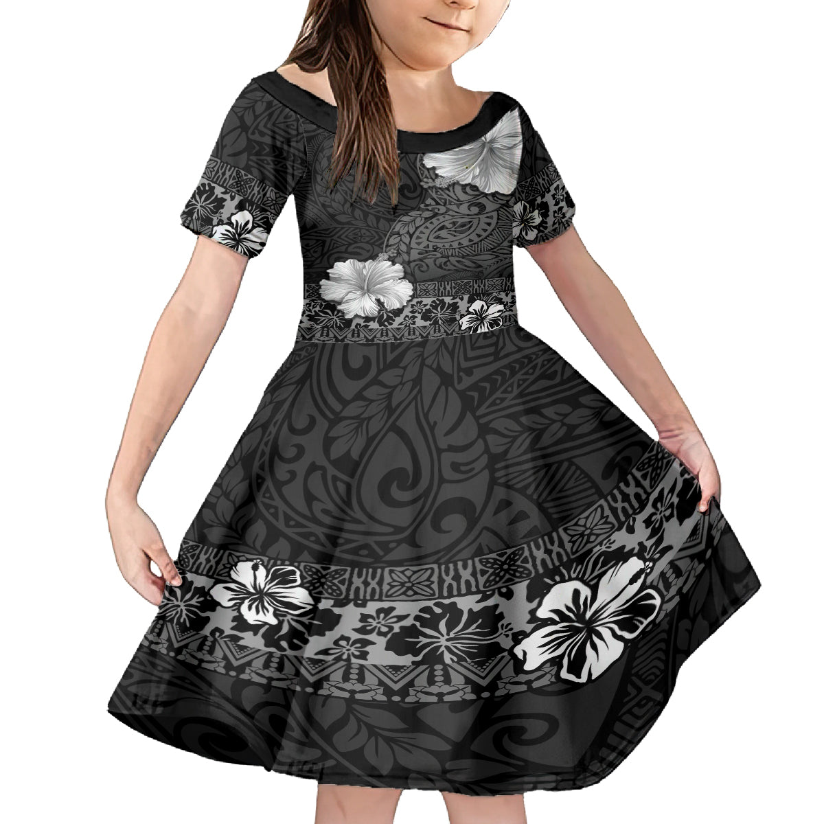Hawaii Hibiscus With Black Polynesian Pattern Family Matching Tank Maxi Dress and Hawaiian Shirt