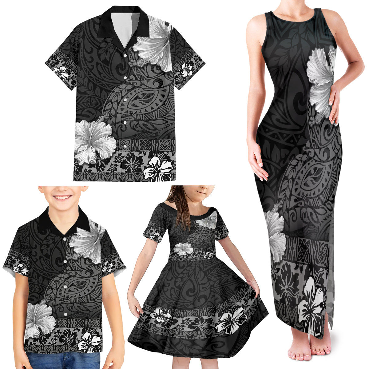 Hawaii Hibiscus With Black Polynesian Pattern Family Matching Tank Maxi Dress and Hawaiian Shirt