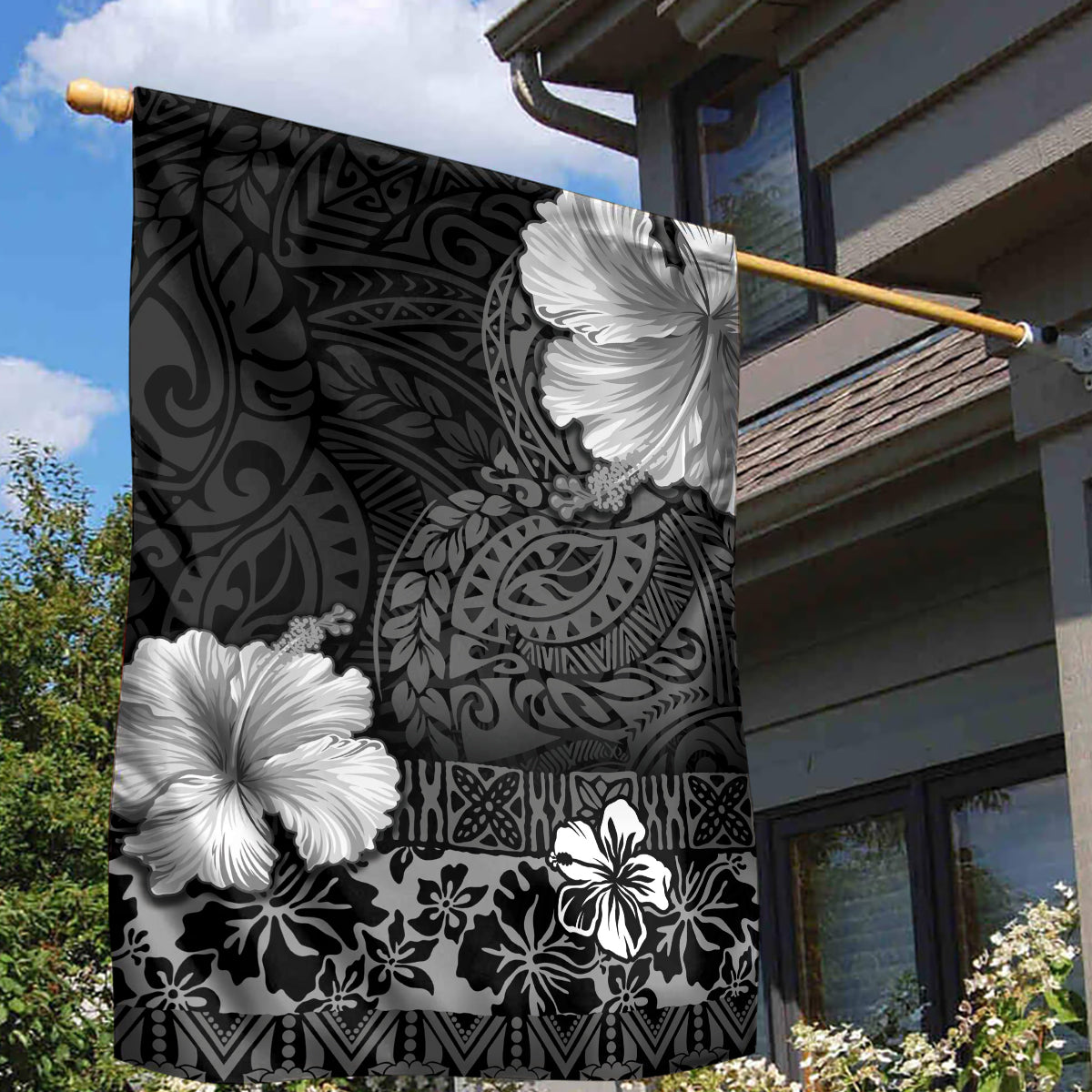 Hawaii Hibiscus With Black Polynesian Pattern Garden Flag
