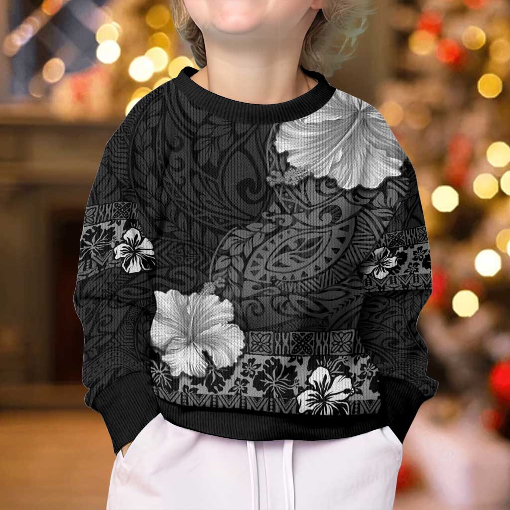 Hawaii Hibiscus With Black Polynesian Pattern Kid Ugly Christmas Sweater
