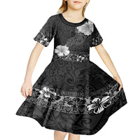 Hawaii Hibiscus With Black Polynesian Pattern Kid Short Sleeve Dress
