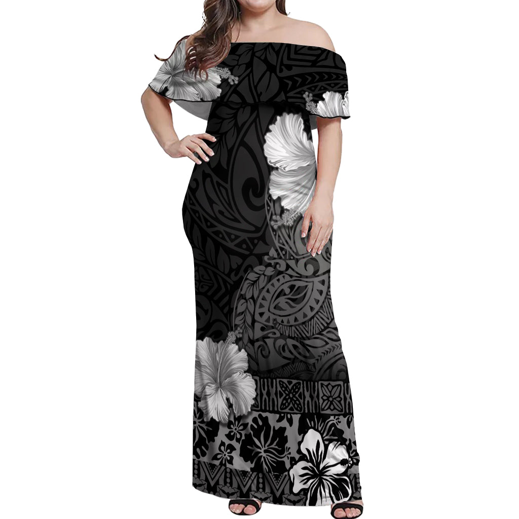 Hawaii Hibiscus With Black Polynesian Pattern Off Shoulder Maxi Dress