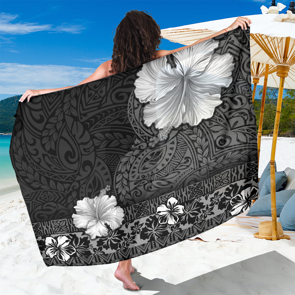 Hawaii Hibiscus With Black Polynesian Pattern Sarong