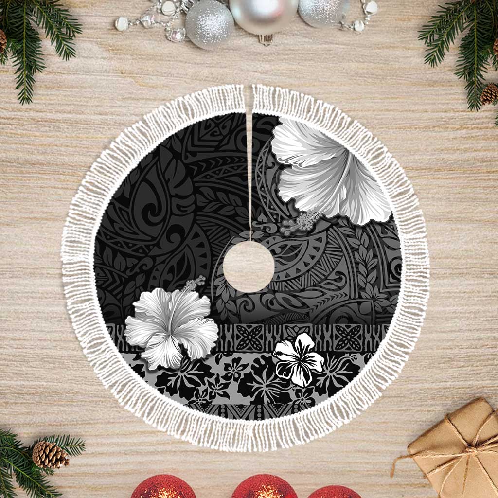 Hawaii Hibiscus With Black Polynesian Pattern Tree Skirt LT05 Fringed Black - Polynesian Pride