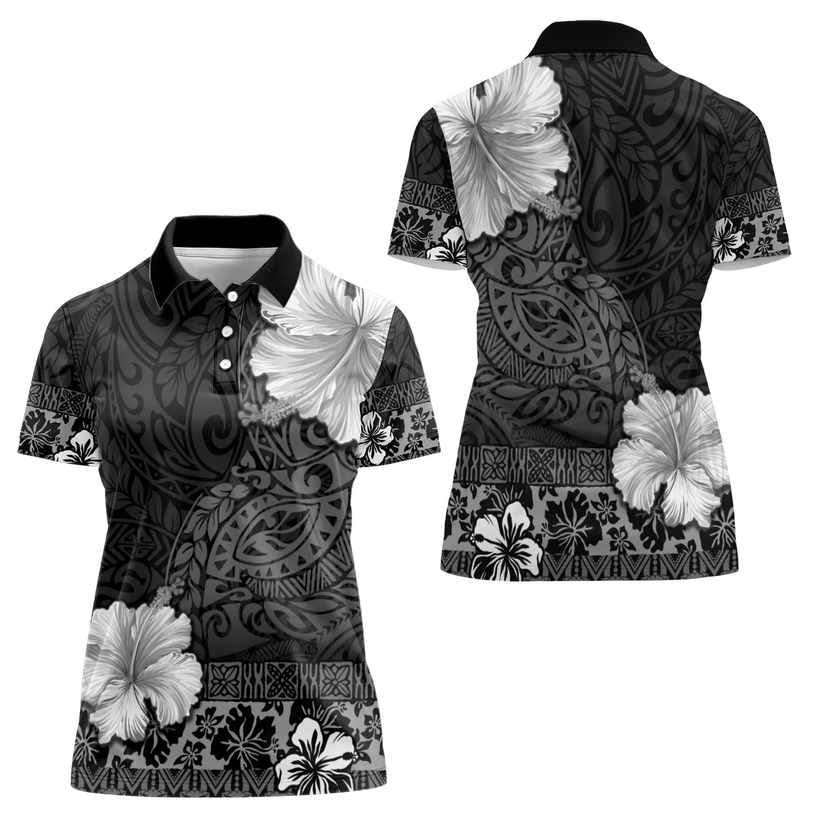 Hawaii Hibiscus With Black Polynesian Pattern Women Polo Shirt