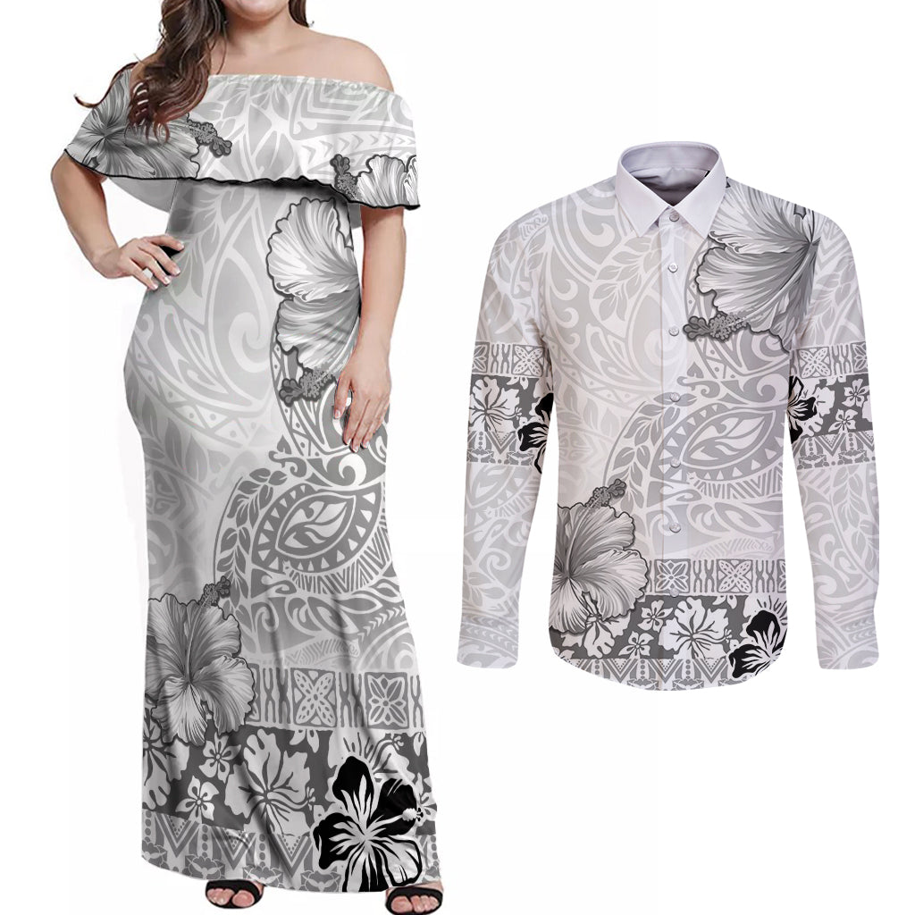 Hawaii Hibiscus With White Polynesian Pattern Couples Matching Off Shoulder Maxi Dress and Long Sleeve Button Shirt LT05 White - Polynesian Pride