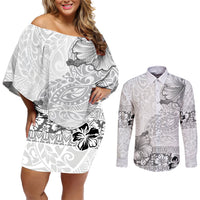 Hawaii Hibiscus With White Polynesian Pattern Couples Matching Off Shoulder Short Dress and Long Sleeve Button Shirt
