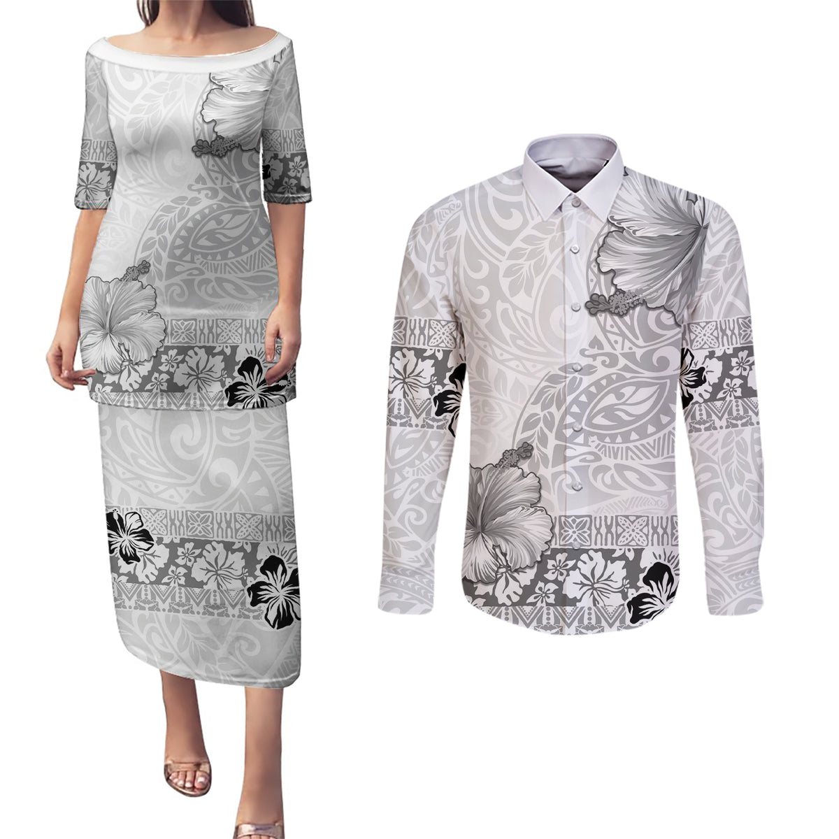 Hawaii Hibiscus With White Polynesian Pattern Couples Matching Puletasi and Long Sleeve Button Shirt