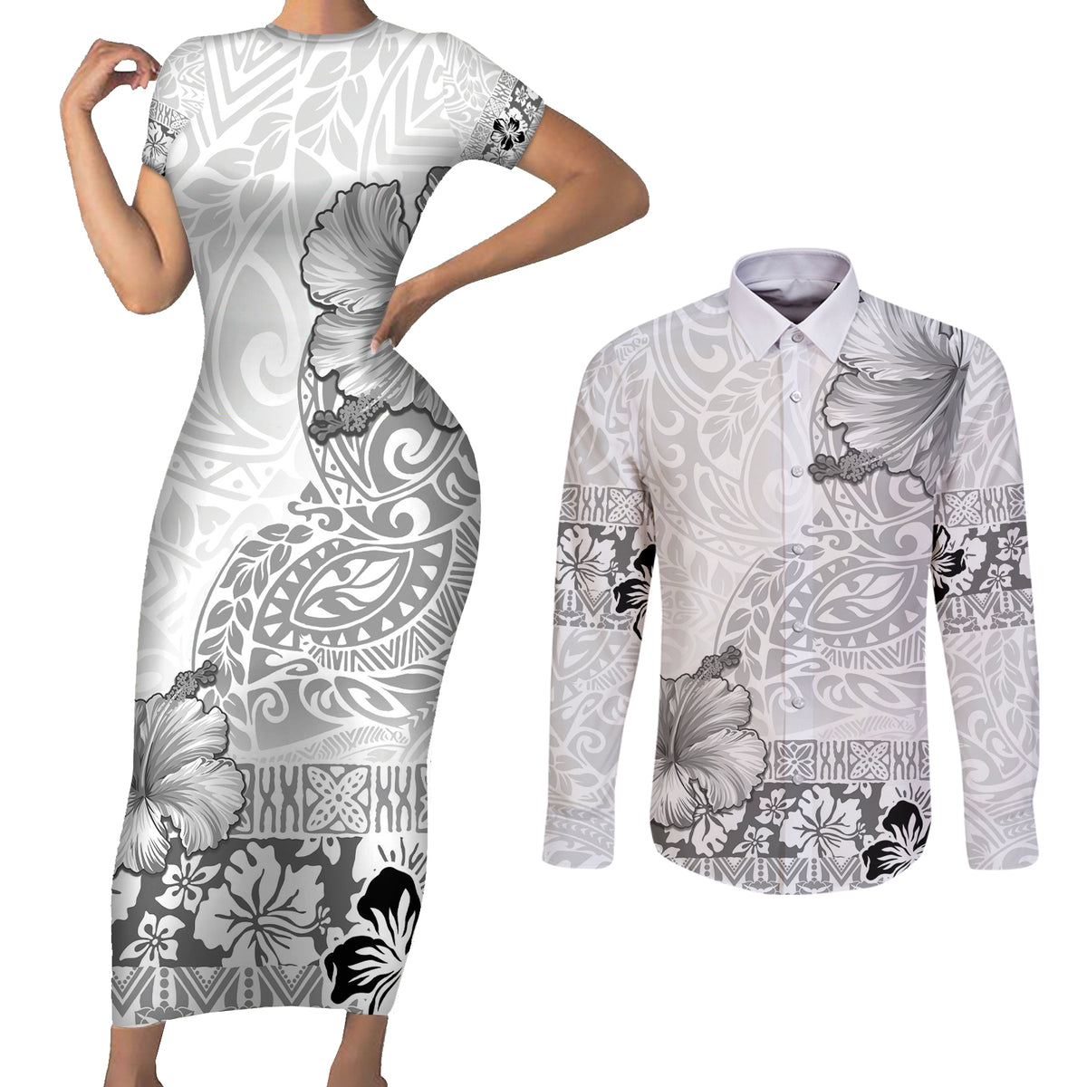 Hawaii Hibiscus With White Polynesian Pattern Couples Matching Short Sleeve Bodycon Dress and Long Sleeve Button Shirt