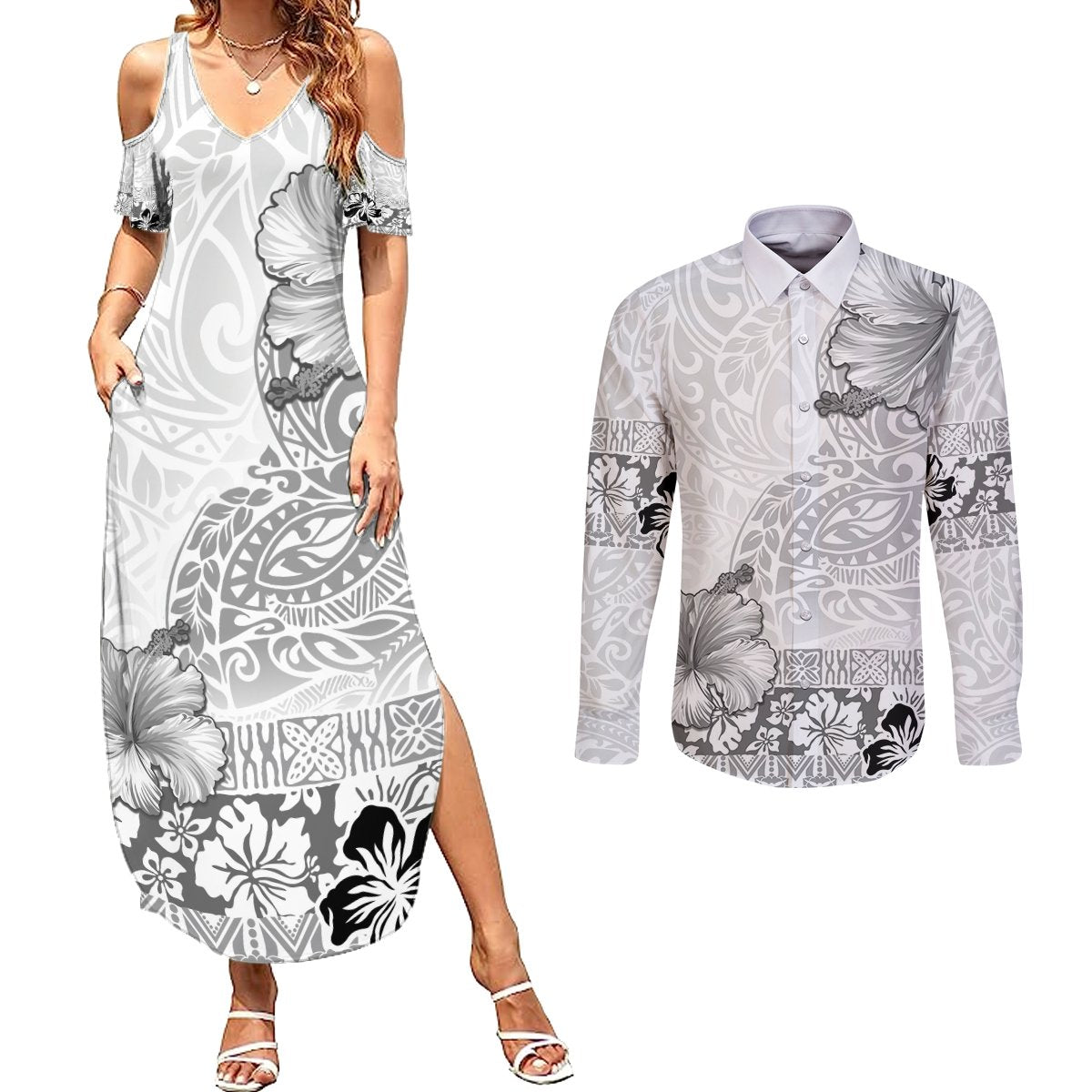 Hawaii Hibiscus With White Polynesian Pattern Couples Matching Summer Maxi Dress and Long Sleeve Button Shirt LT05 White - Polynesian Pride