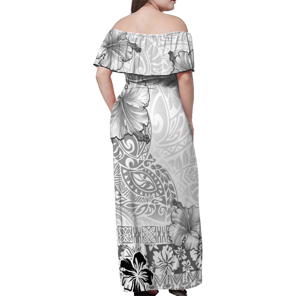Hawaii Hibiscus With White Polynesian Pattern Family Matching Off Shoulder Maxi Dress and Hawaiian Shirt