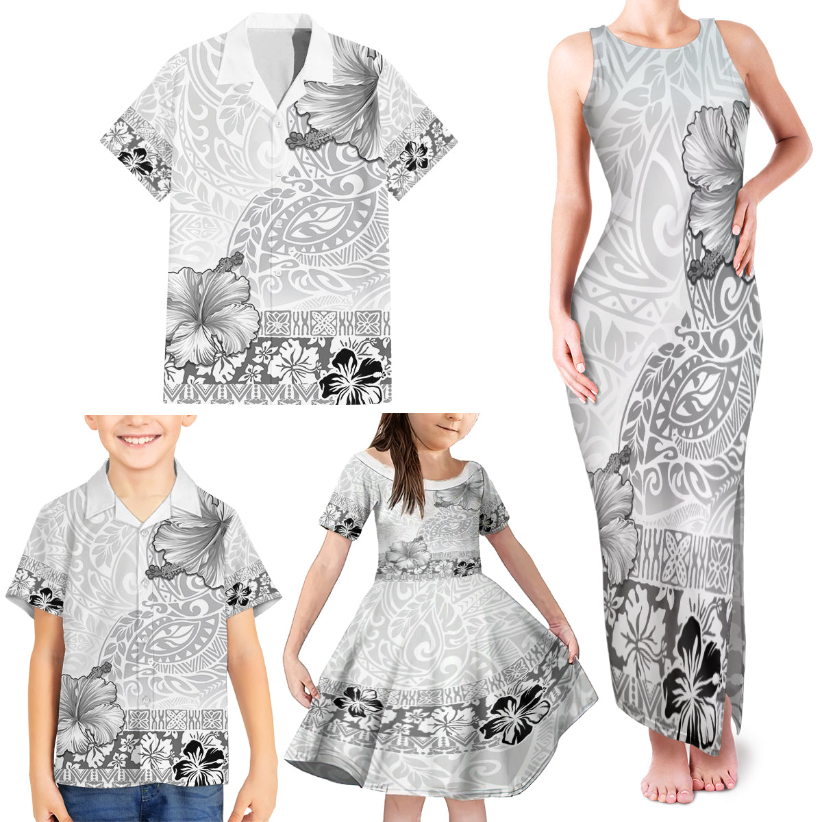 Hawaii Hibiscus With White Polynesian Pattern Family Matching Tank Maxi Dress and Hawaiian Shirt