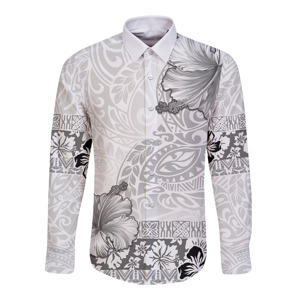 Hawaii Hibiscus With White Polynesian Pattern Long Sleeve Button Shirt