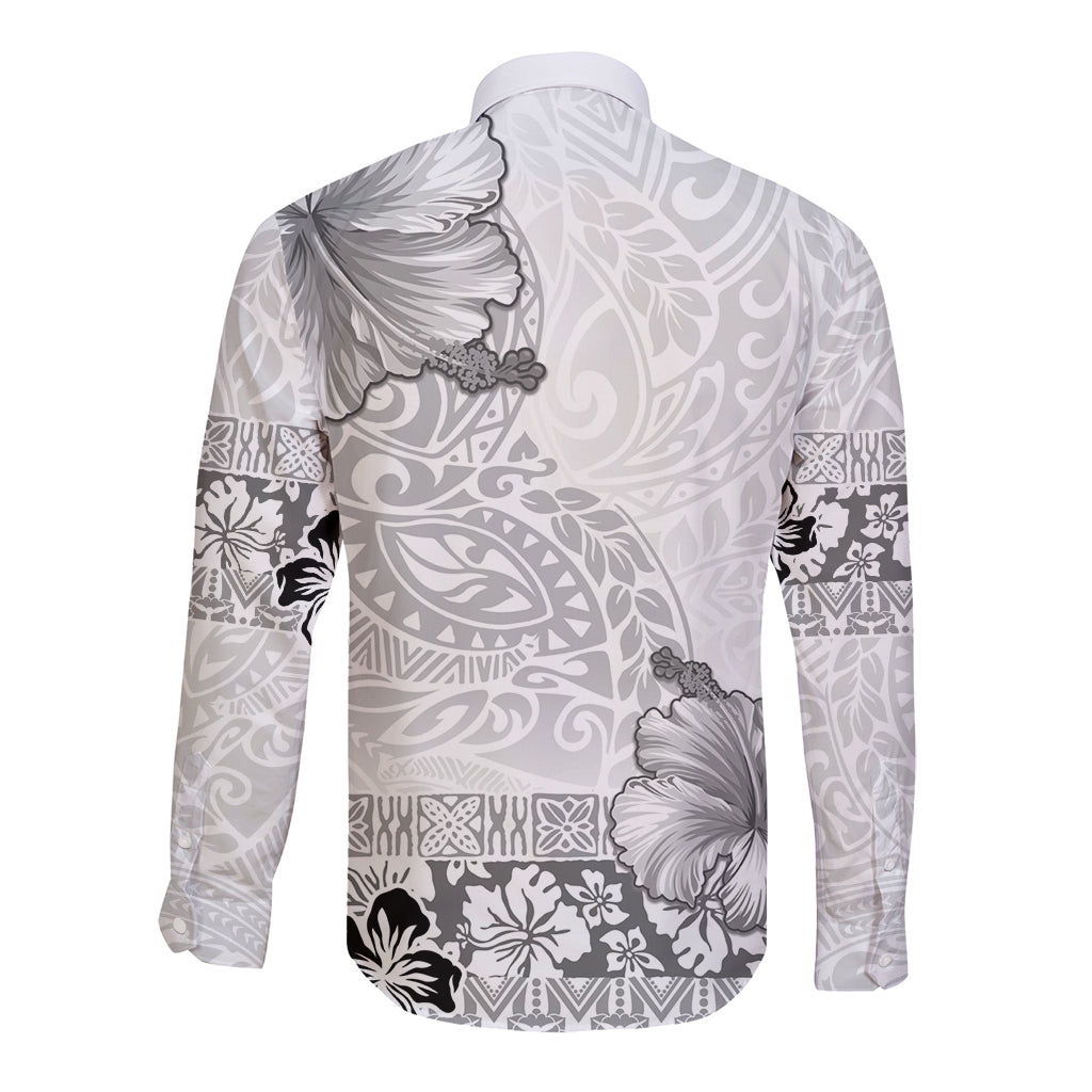 Hawaii Hibiscus With White Polynesian Pattern Long Sleeve Button Shirt