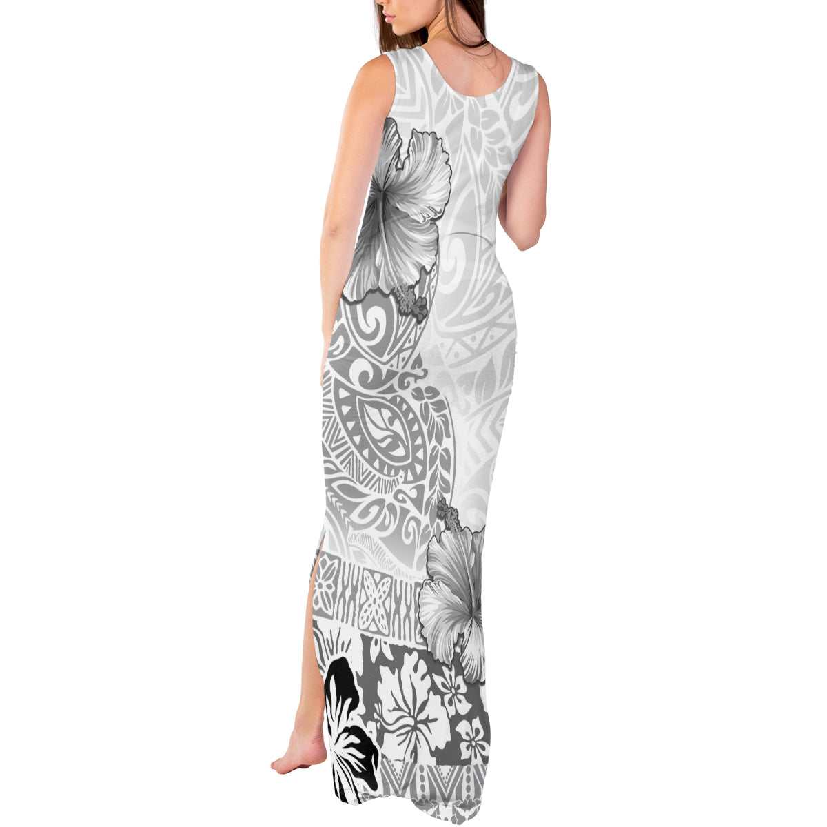 Hawaii Hibiscus With White Polynesian Pattern Tank Maxi Dress