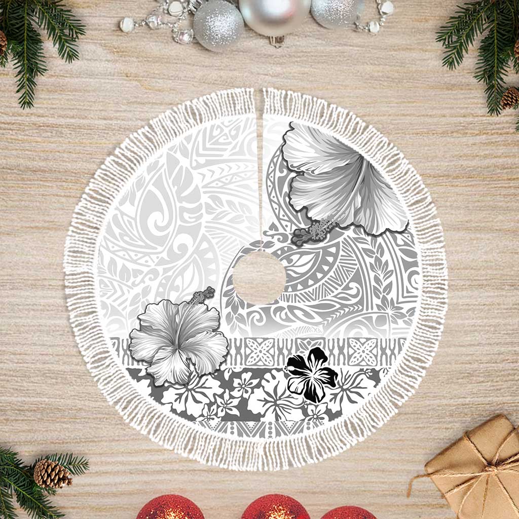 Hawaii Hibiscus With White Polynesian Pattern Tree Skirt LT05 Fringed White - Polynesian Pride
