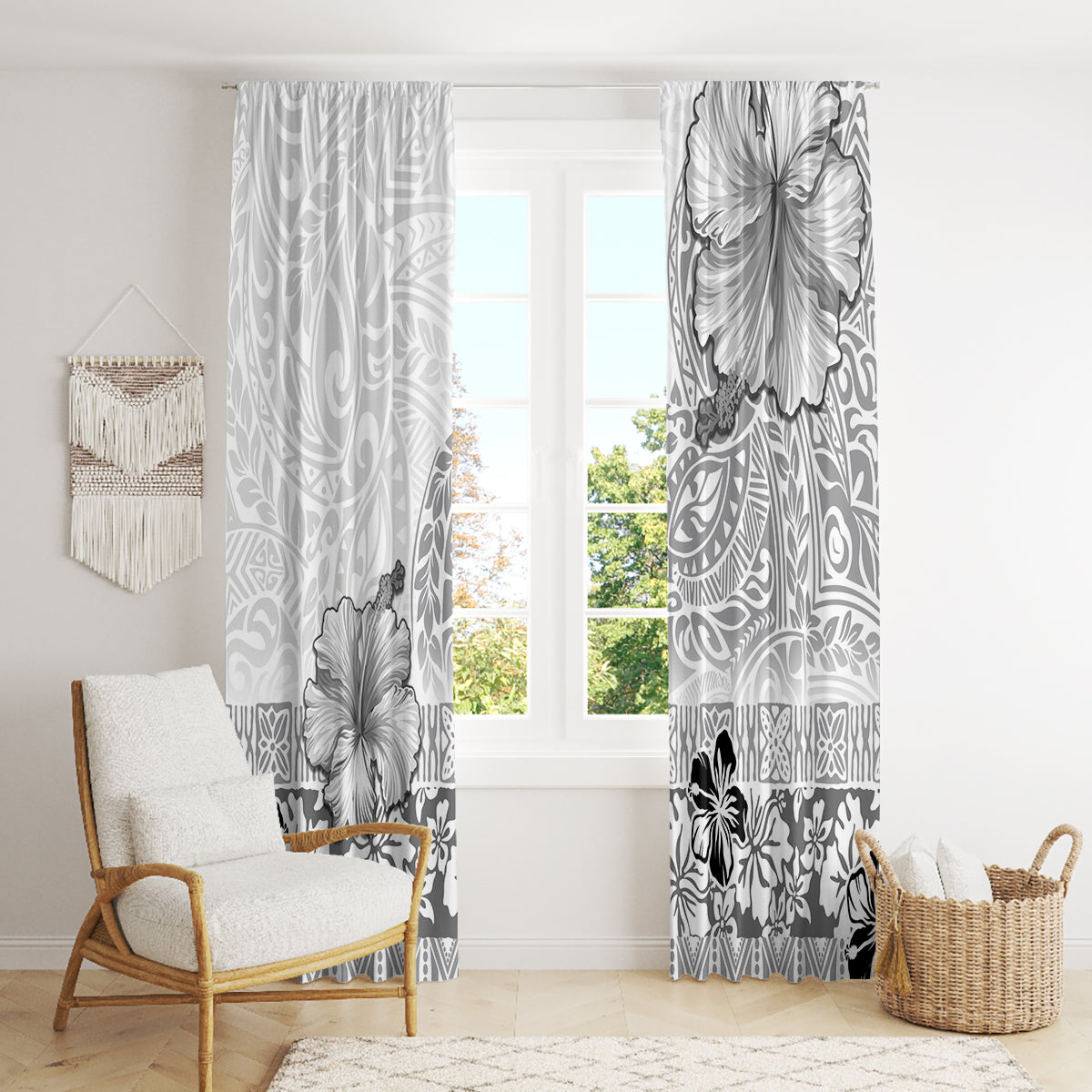 Hawaii Hibiscus With White Polynesian Pattern Window Curtain LT05 - Polynesian Pride