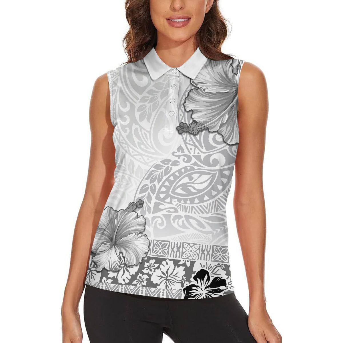 Hawaii Hibiscus With White Polynesian Pattern Women Sleeveless Polo Shirt LT05 - Polynesian Pride