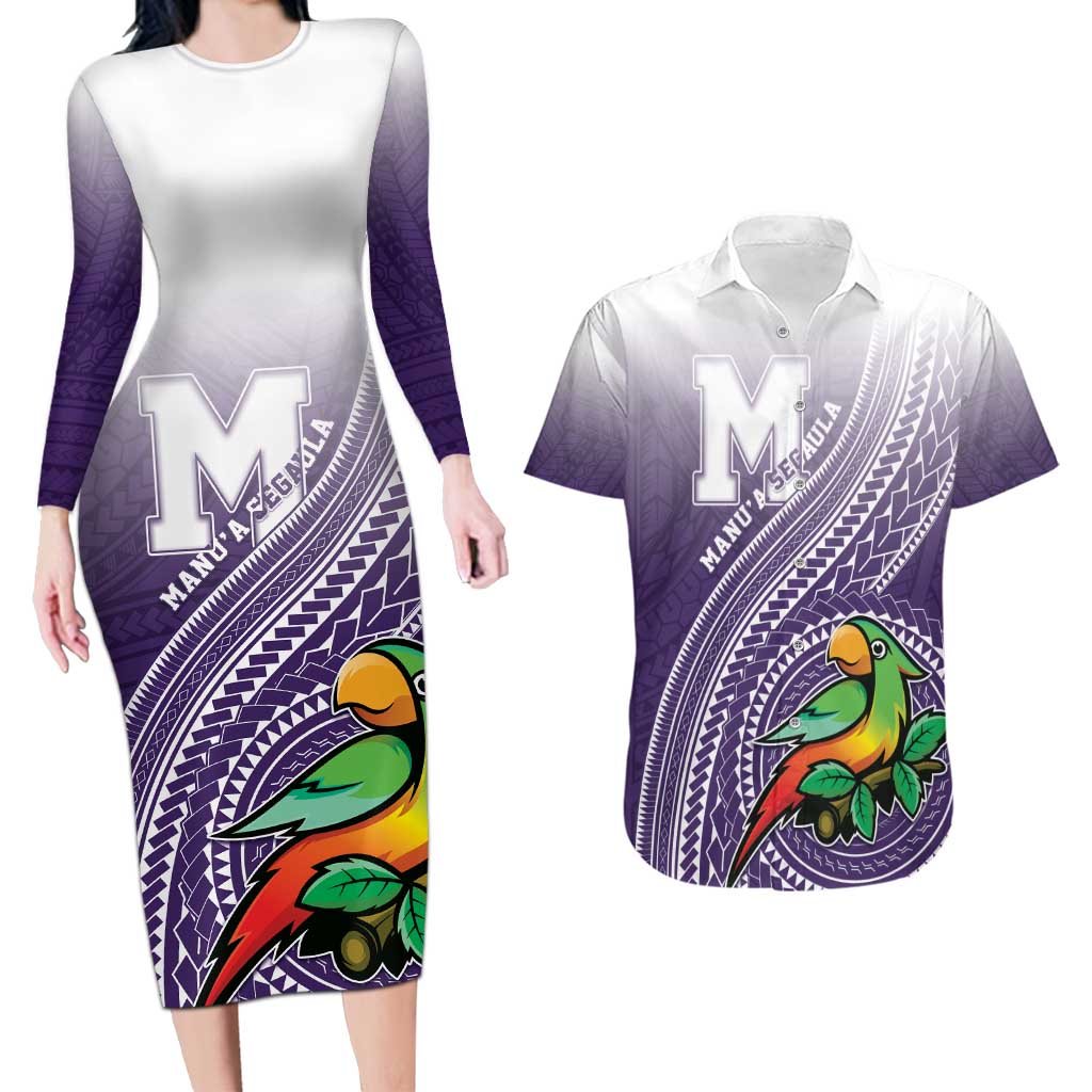 Personalized Manua High School Couples Matching Long Sleeve Bodycon Dress and Hawaiian Shirt Polynesian Tribal Pattern LT05 Purple - Polynesian Pride