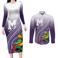 Personalized Manua High School Couples Matching Long Sleeve Bodycon Dress and Long Sleeve Button Shirt Polynesian Tribal Pattern LT05 Purple - Polynesian Pride