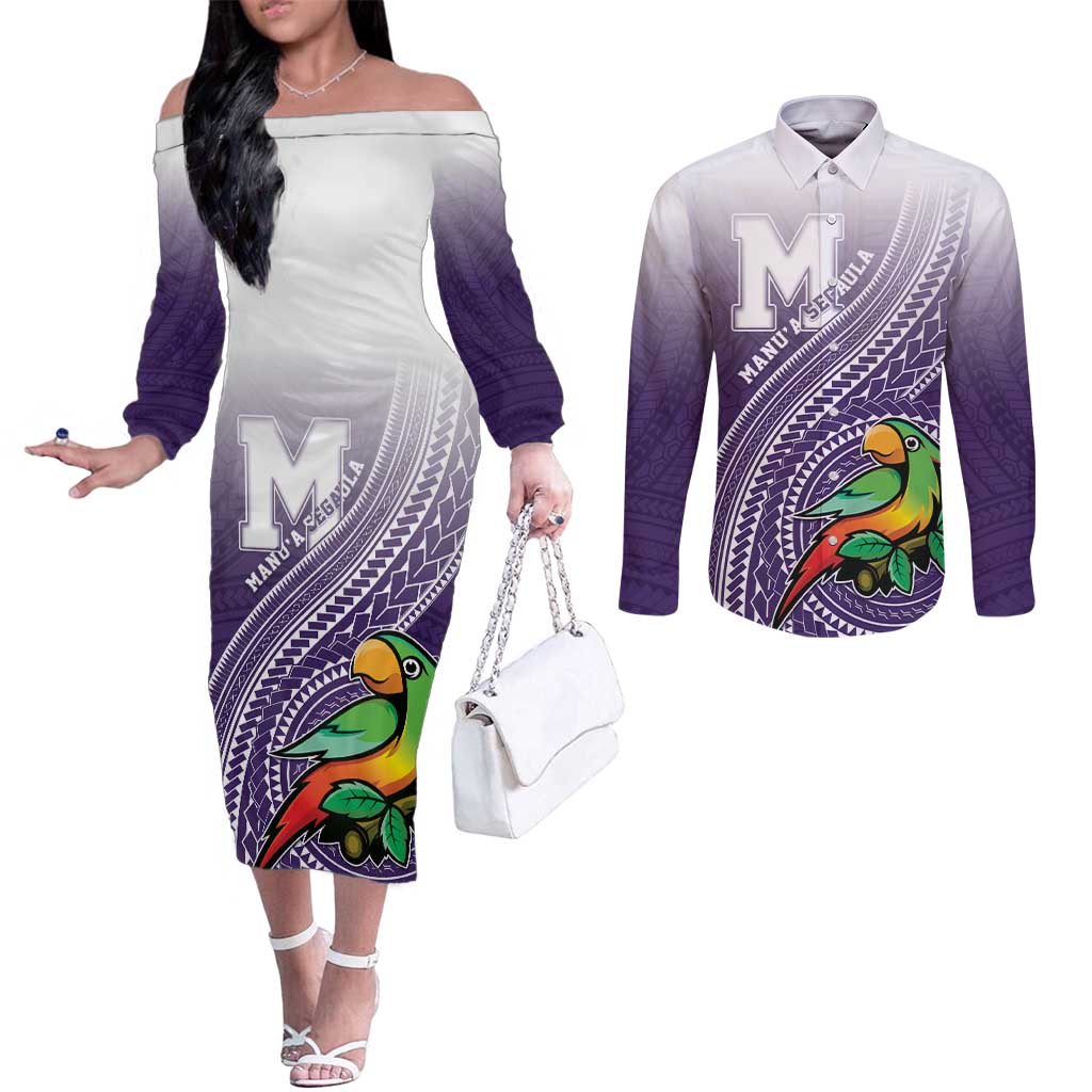 Personalized Manua High School Couples Matching Off The Shoulder Long Sleeve Dress and Long Sleeve Button Shirt Polynesian Tribal Pattern LT05 Purple - Polynesian Pride
