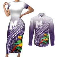 Personalized Manua High School Couples Matching Short Sleeve Bodycon Dress and Long Sleeve Button Shirt Polynesian Tribal Pattern LT05 Purple - Polynesian Pride