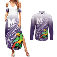Personalized Manua High School Couples Matching Summer Maxi Dress and Long Sleeve Button Shirt Polynesian Tribal Pattern LT05 Purple - Polynesian Pride