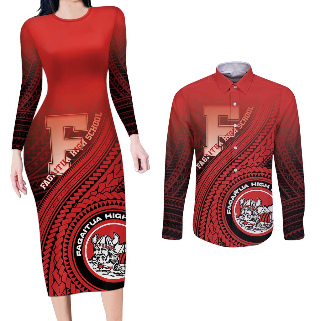 Personalized Fagaitua High School Couples Matching Long Sleeve Bodycon Dress and Long Sleeve Button Shirt Polynesian Tribal Pattern LT05 Red - Polynesian Pride