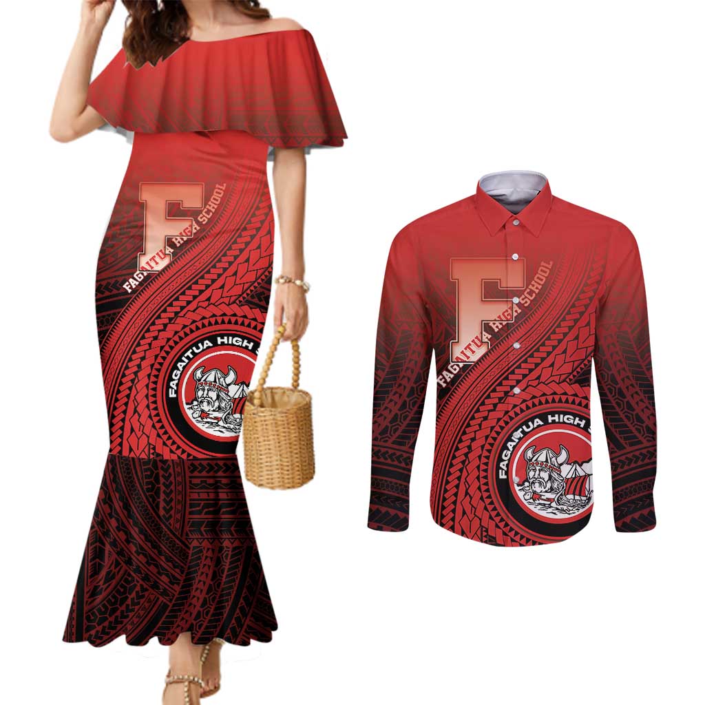 Personalized Fagaitua High School Couples Matching Mermaid Dress and Long Sleeve Button Shirt Polynesian Tribal Pattern LT05 Red - Polynesian Pride
