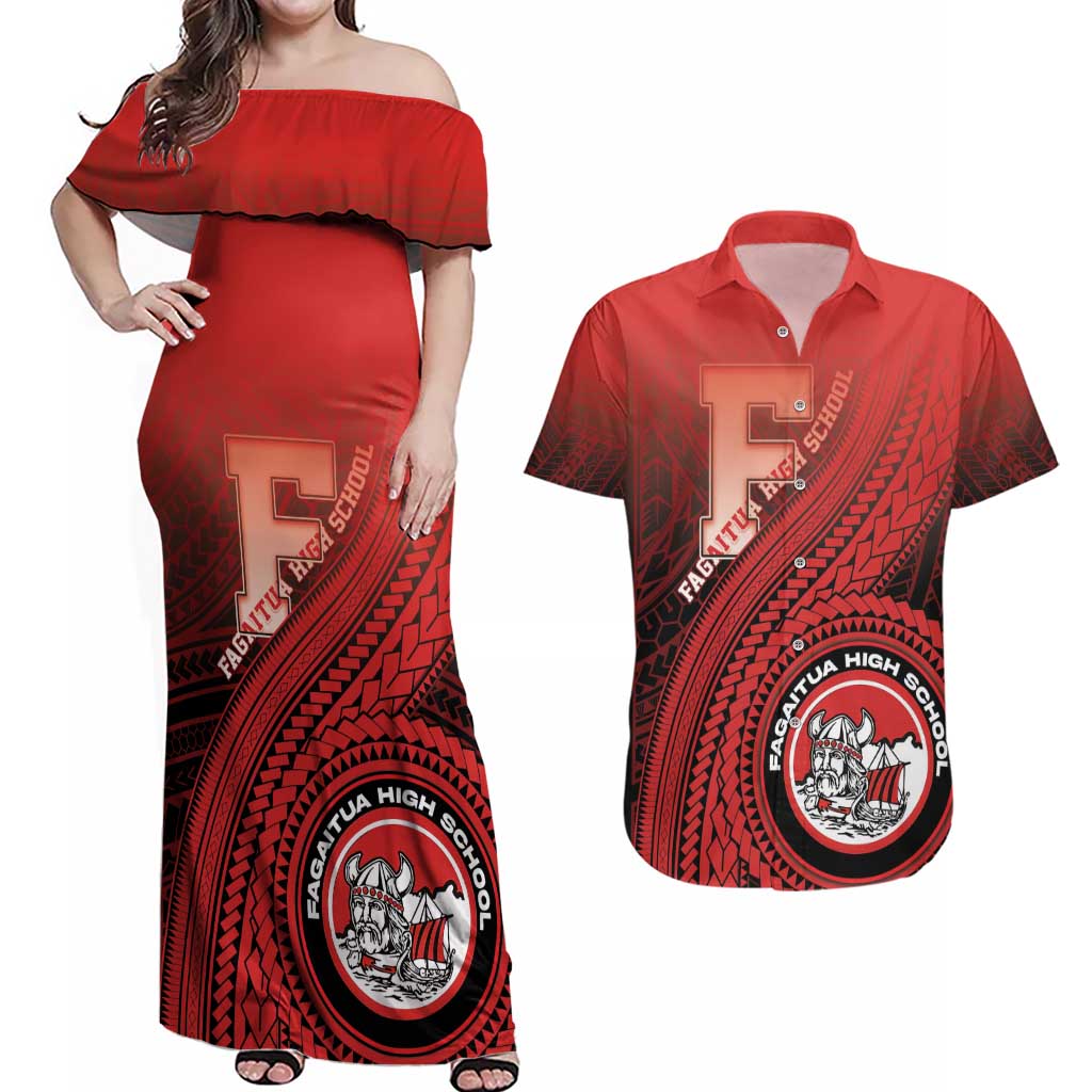 Personalized Fagaitua High School Couples Matching Off Shoulder Maxi Dress and Hawaiian Shirt Polynesian Tribal Pattern LT05 Red - Polynesian Pride