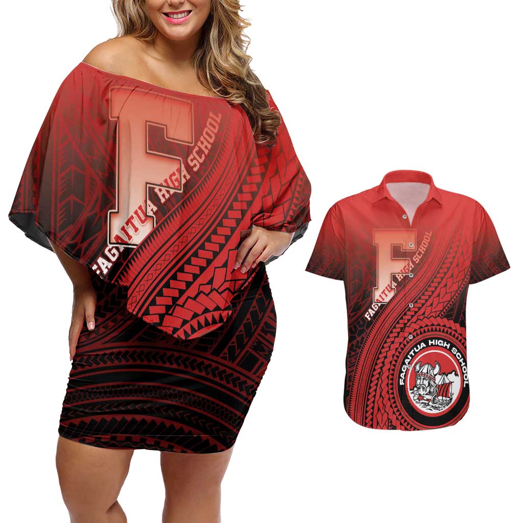 Personalized Fagaitua High School Couples Matching Off Shoulder Short Dress and Hawaiian Shirt Polynesian Tribal Pattern LT05 Red - Polynesian Pride