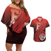 Personalized Fagaitua High School Couples Matching Off Shoulder Short Dress and Hawaiian Shirt Polynesian Tribal Pattern LT05 Red - Polynesian Pride