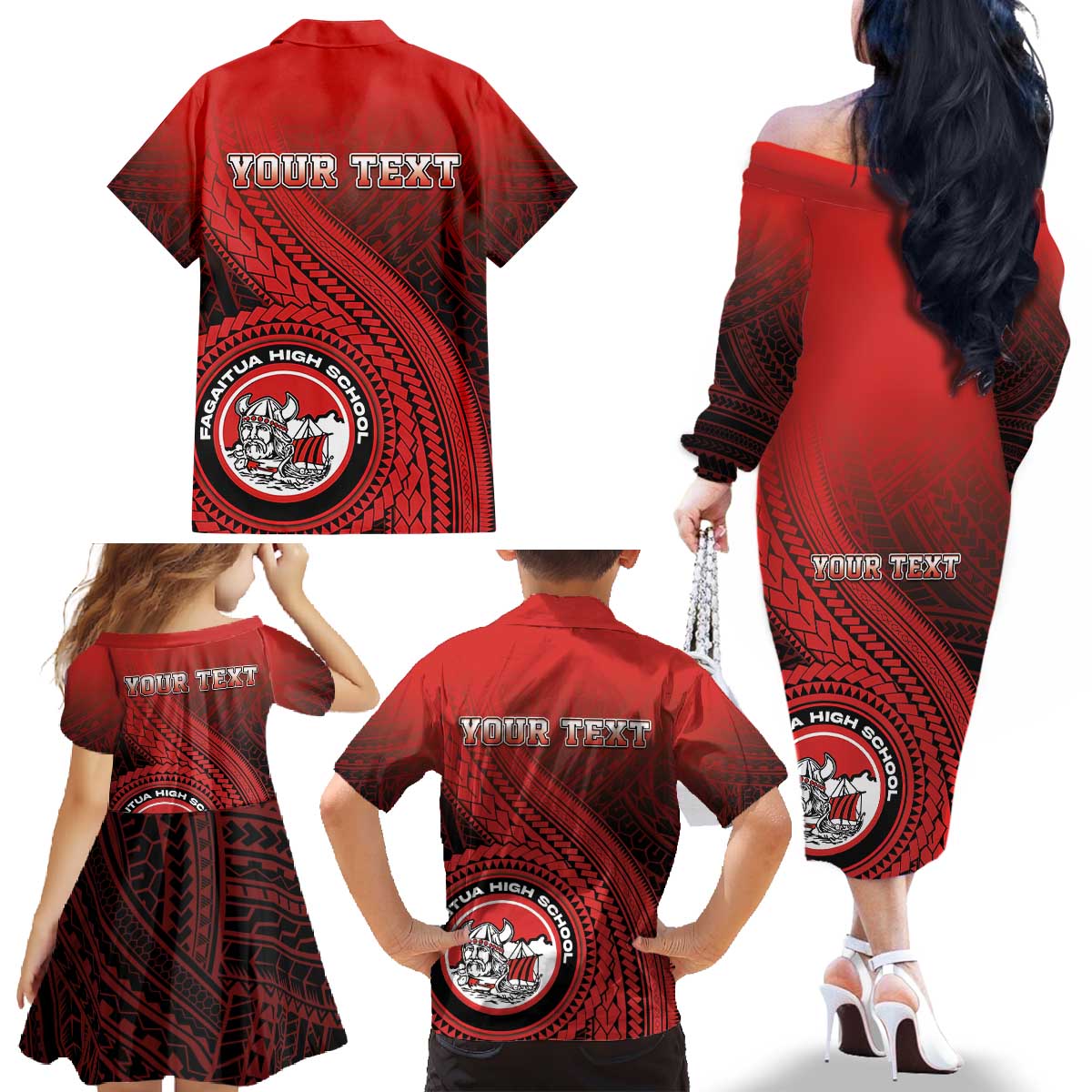Personalized Fagaitua High School Family Matching Off The Shoulder Long Sleeve Dress and Hawaiian Shirt Polynesian Tribal Pattern