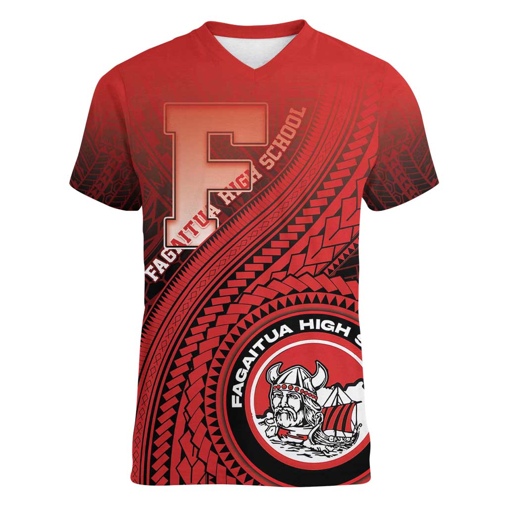 Personalized Fagaitua High School Women V-Neck T-Shirt Polynesian Tribal Pattern LT05 Female Red - Polynesian Pride