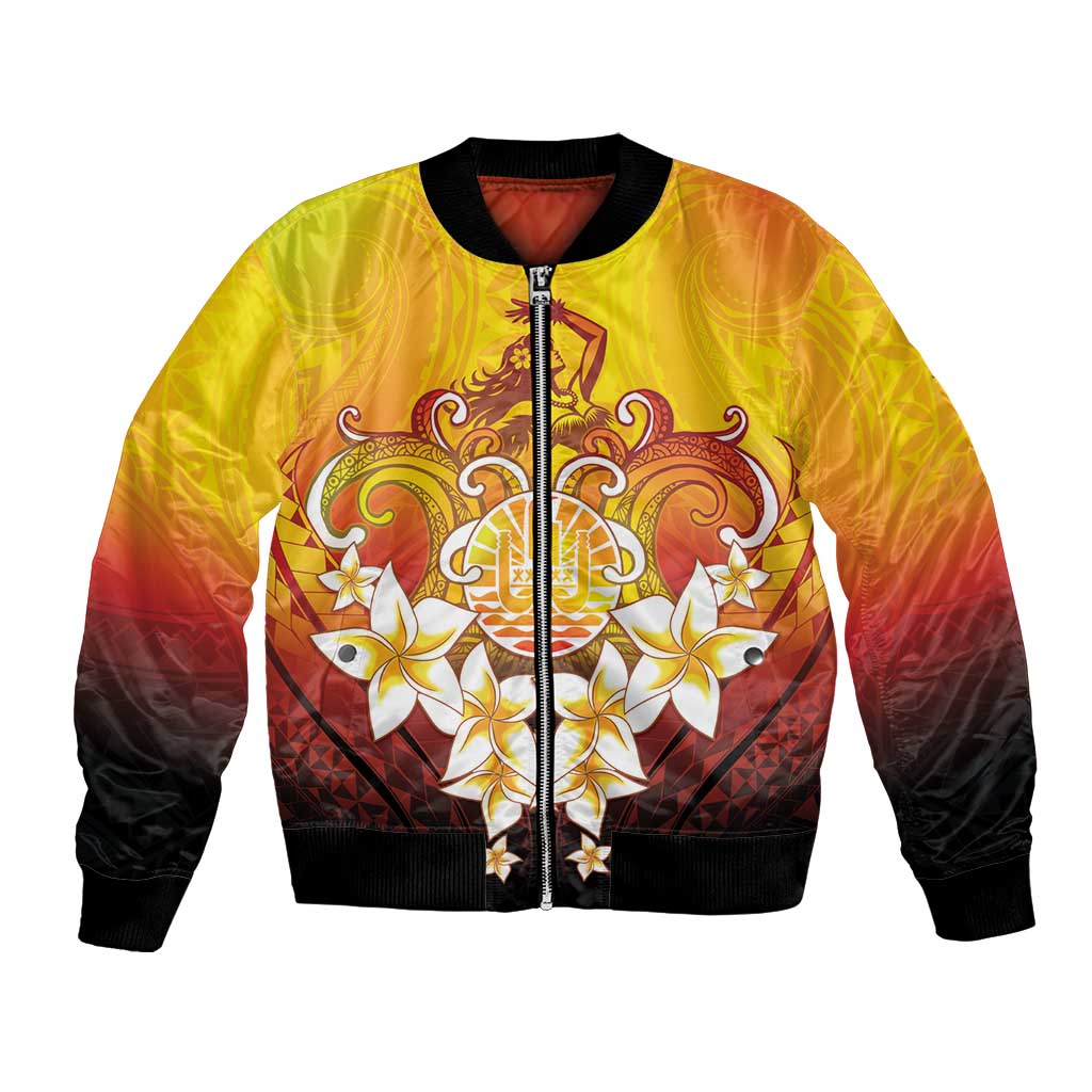 Tahiti Heiva Festival Bomber Jacket Tahitian Vahine Plumeria Flowers
