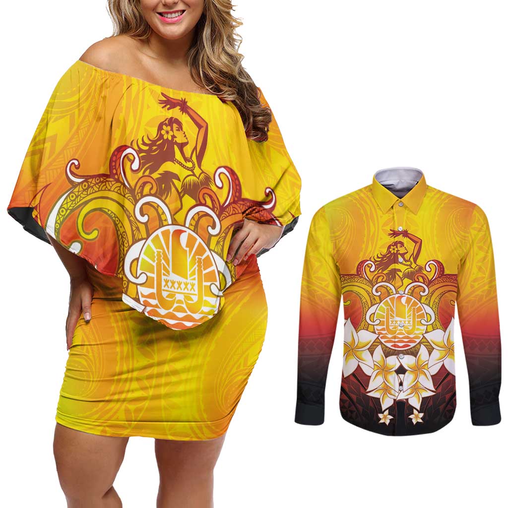 Tahiti Heiva Festival Couples Matching Off Shoulder Short Dress and Long Sleeve Button Shirt Tahitian Vahine Plumeria Flowers