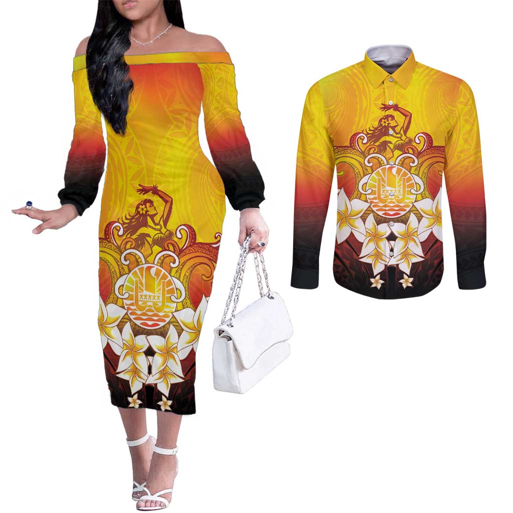 Tahiti Heiva Festival Couples Matching Off The Shoulder Long Sleeve Dress and Long Sleeve Button Shirt Tahitian Vahine Plumeria Flowers