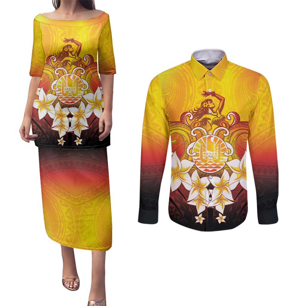 Tahiti Heiva Festival Couples Matching Puletasi and Long Sleeve Button Shirt Tahitian Vahine Plumeria Flowers