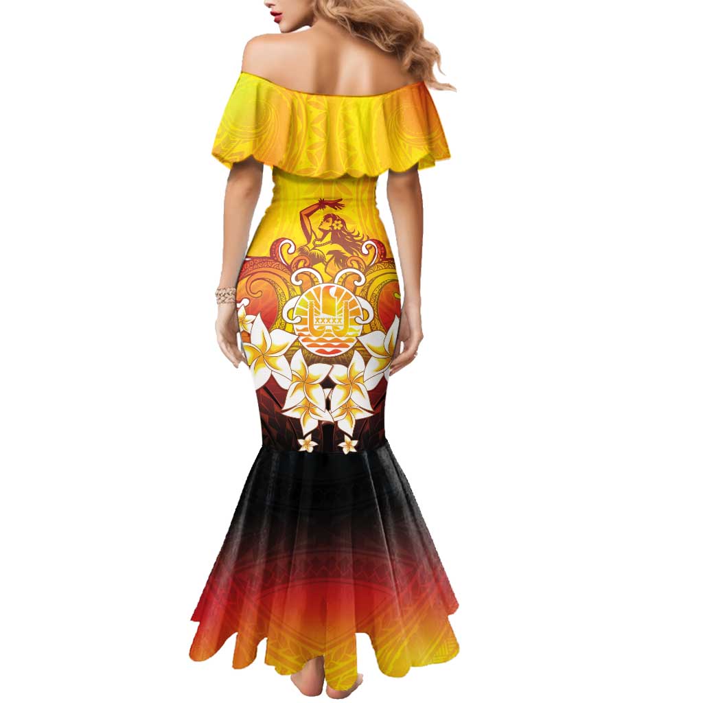 Tahiti Heiva Festival Family Matching Mermaid Dress and Hawaiian Shirt Tahitian Vahine Plumeria Flowers