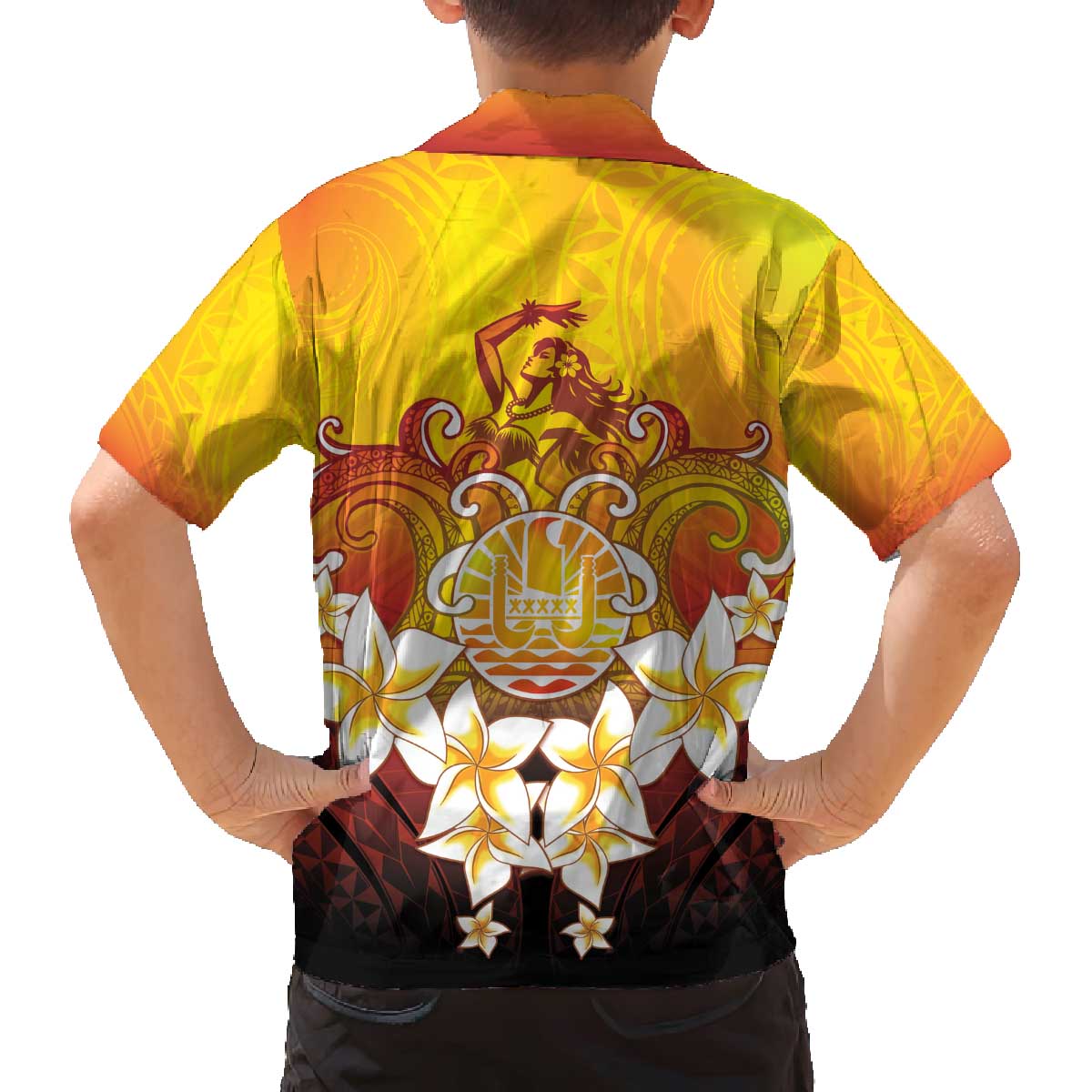 Tahiti Heiva Festival Family Matching Off The Shoulder Long Sleeve Dress and Hawaiian Shirt Tahitian Vahine Plumeria Flowers