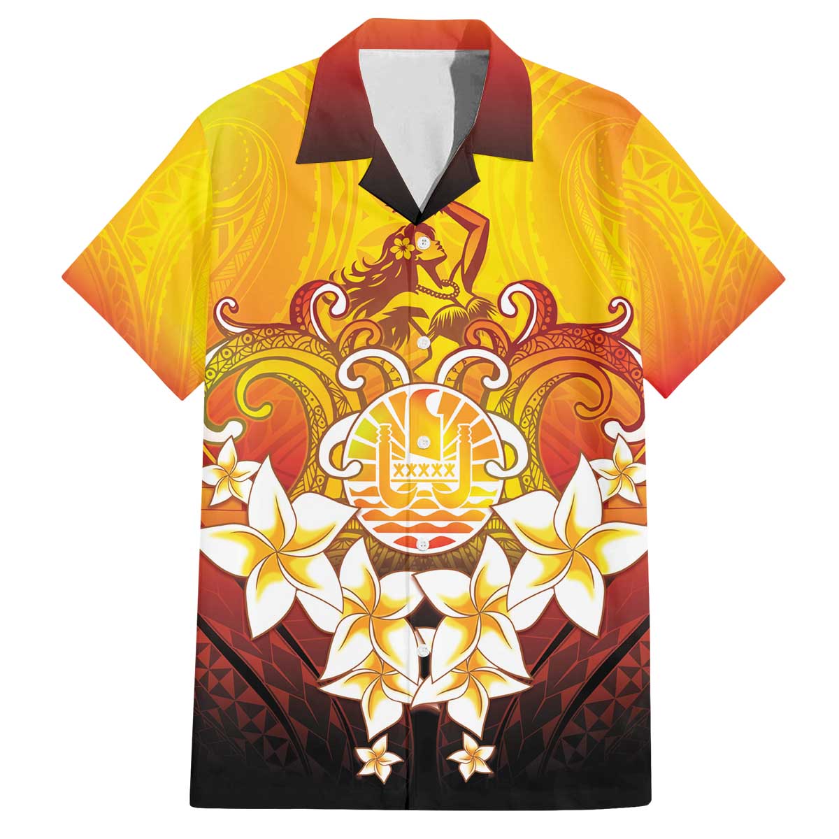 Tahiti Heiva Festival Family Matching Off The Shoulder Long Sleeve Dress and Hawaiian Shirt Tahitian Vahine Plumeria Flowers