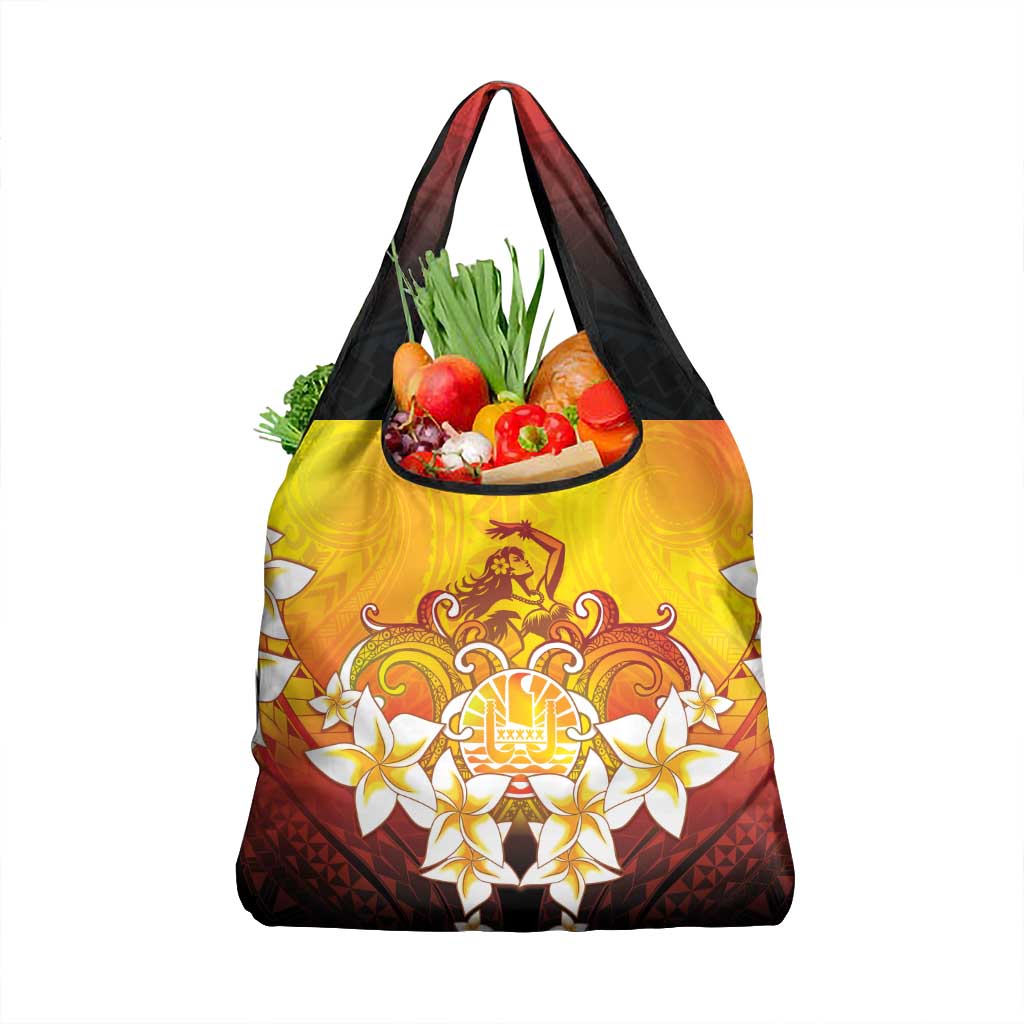 Tahiti Heiva Festival Grocery Bag Tahitian Vahine Plumeria Flowers