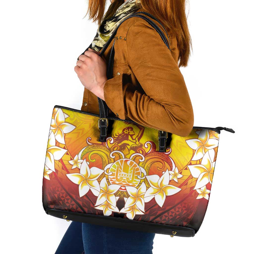 Tahiti Heiva Festival Leather Tote Bag Tahitian Vahine Plumeria Flowers