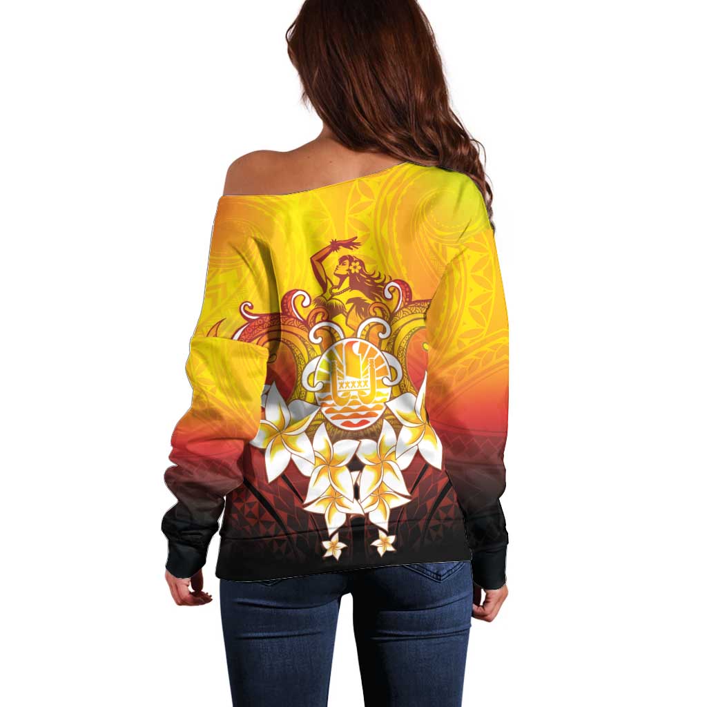 Tahiti Heiva Festival Off Shoulder Sweater Tahitian Vahine Plumeria Flowers