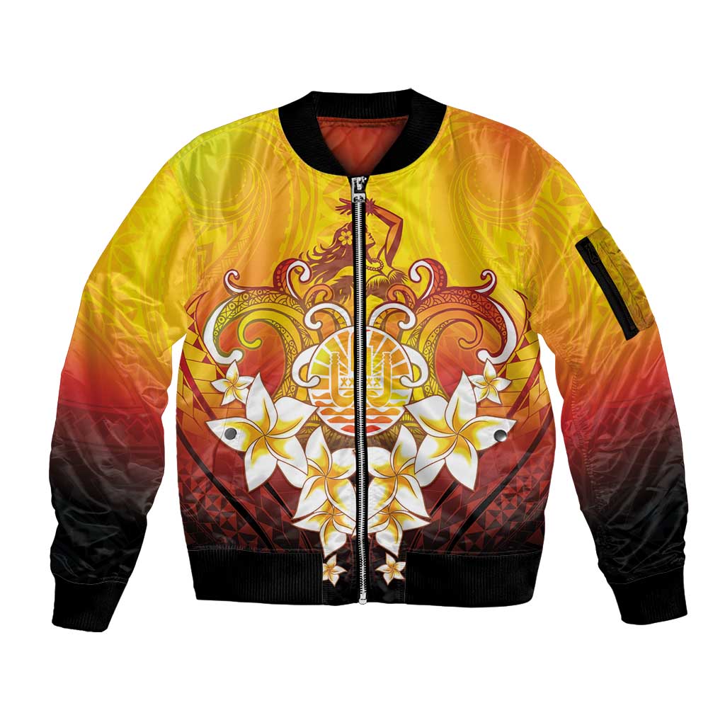 Tahiti Heiva Festival Sleeve Zip Bomber Jacket Tahitian Vahine Plumeria Flowers