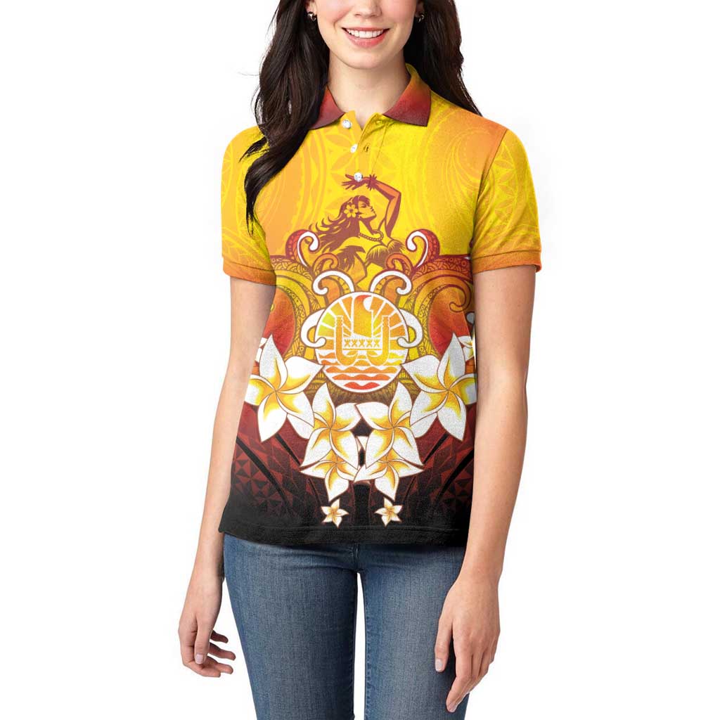 Tahiti Heiva Festival Women Polo Shirt Tahitian Vahine Plumeria Flowers