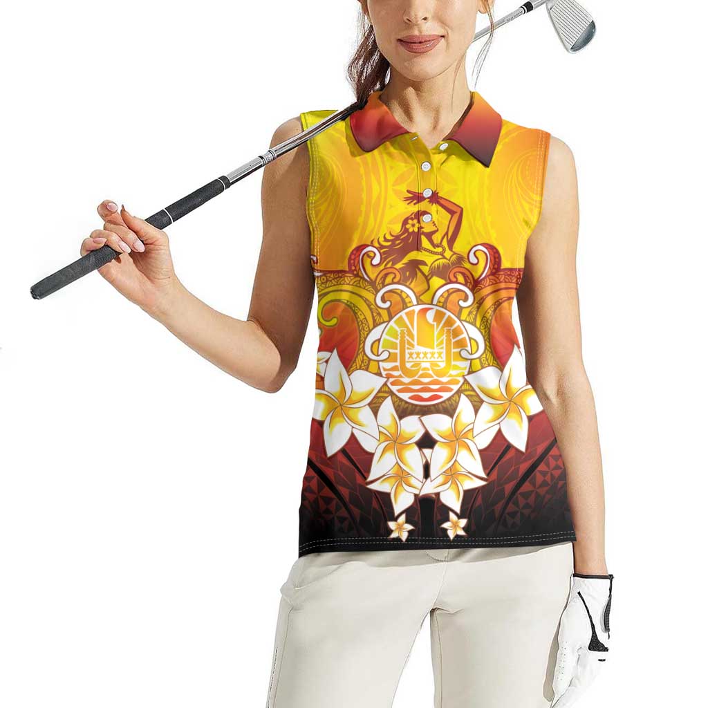 Tahiti Heiva Festival Women Sleeveless Polo Shirt Tahitian Vahine Plumeria Flowers