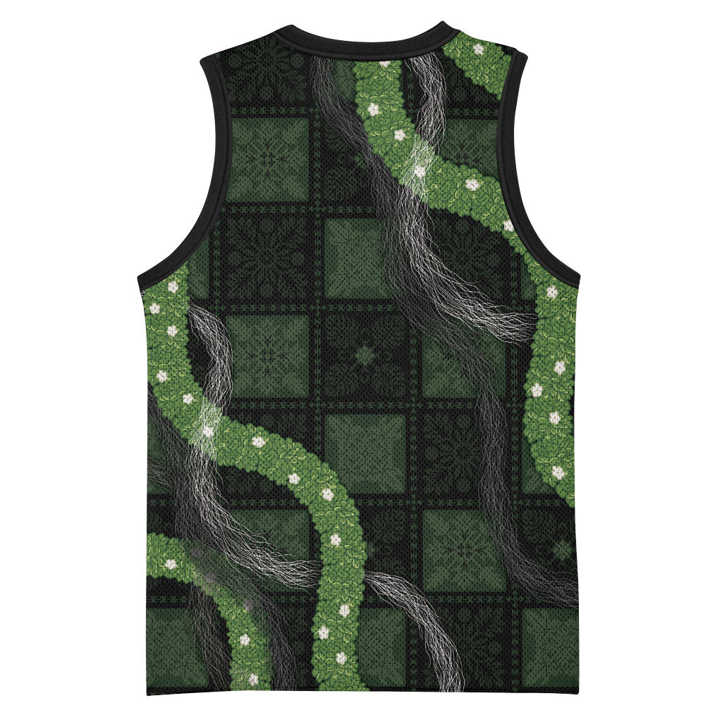 Hawaiian Quilt Basketball Jersey Pele Hair Hinahina Lei Black Version
