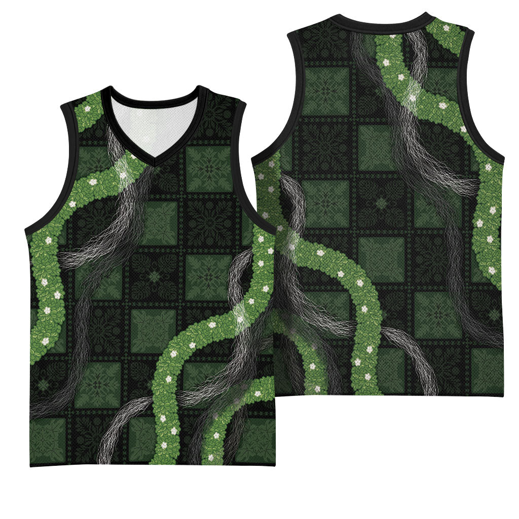 Hawaiian Quilt Basketball Jersey Pele Hair Hinahina Lei Black Version